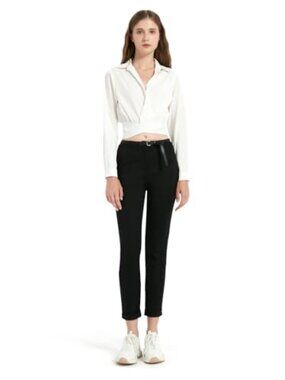 High Waisted Straight Leg Cotton Blend Dress Pants Business Casual Office